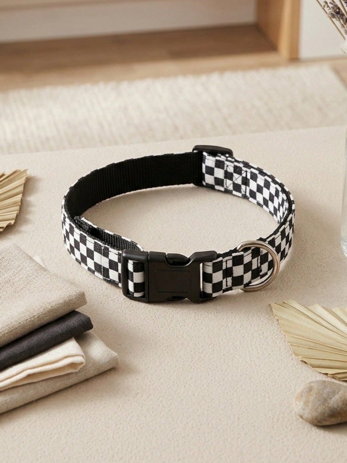 Black and white plaid polyester pet collar with geometric multicolor pattern for small and medium cats and dogs