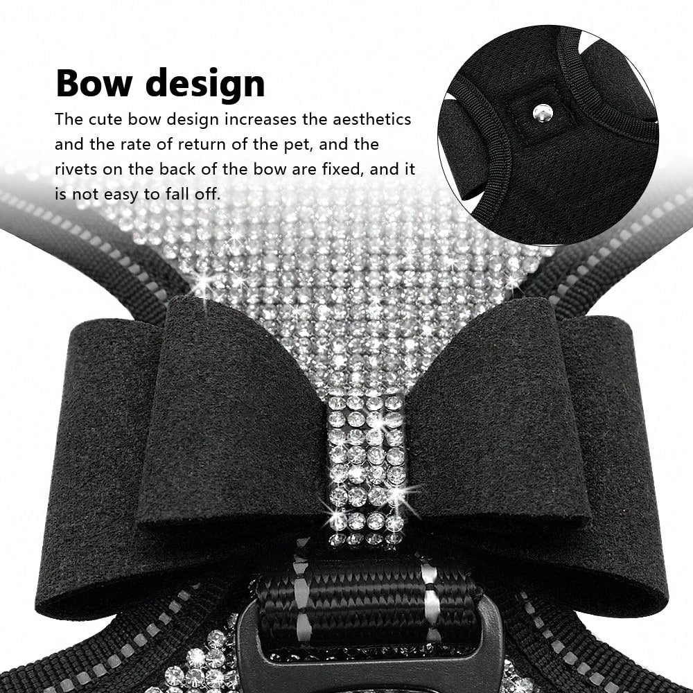 Pink reflective dog harness with rhinestone accents, adjustable straps, breathable design, and plush Korean style for dogs