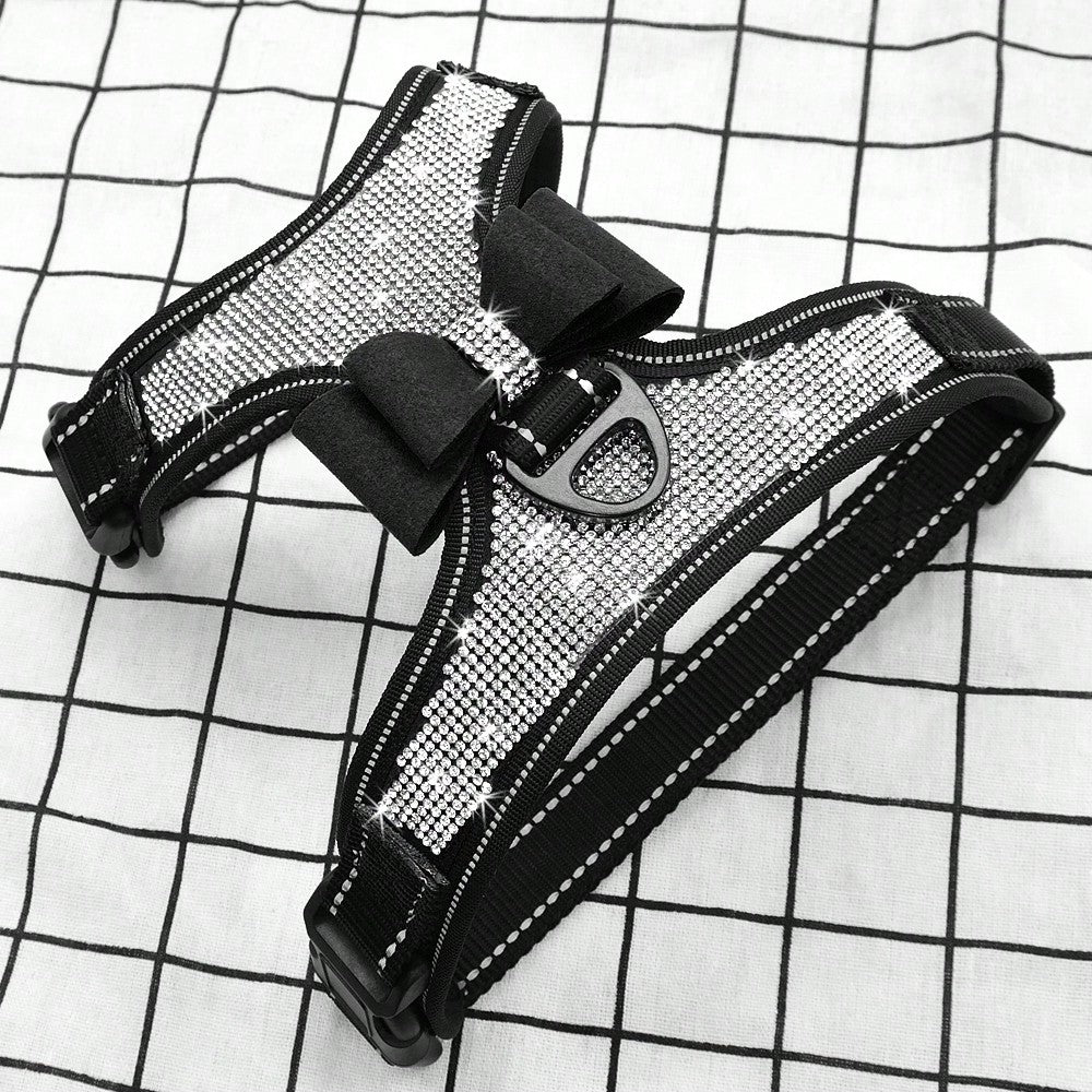 Pink reflective dog harness with rhinestone accents, adjustable straps, breathable design, and plush Korean style for dogs