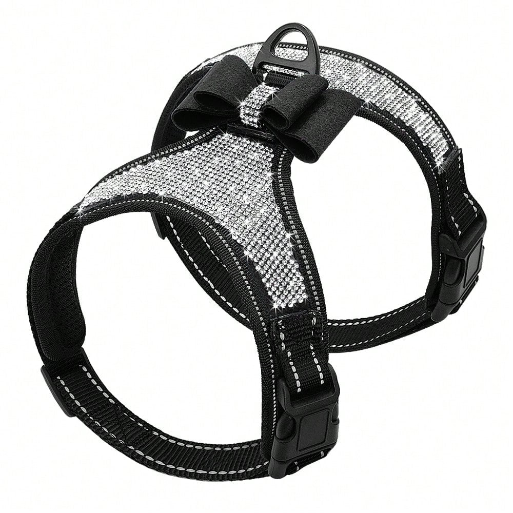 Pink reflective dog harness with rhinestone accents, adjustable straps, breathable design, and plush Korean style for dogs