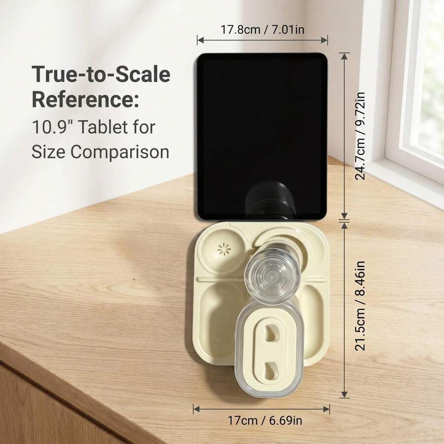 A 2-in-1 cat food and water dispenser made of PP plastic with a cartoon pattern and dry-wet separation design for cats and dogs.