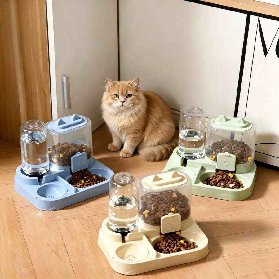 A 2-in-1 cat food and water dispenser made of PP plastic with a cartoon pattern and dry-wet separation design for cats and dogs.