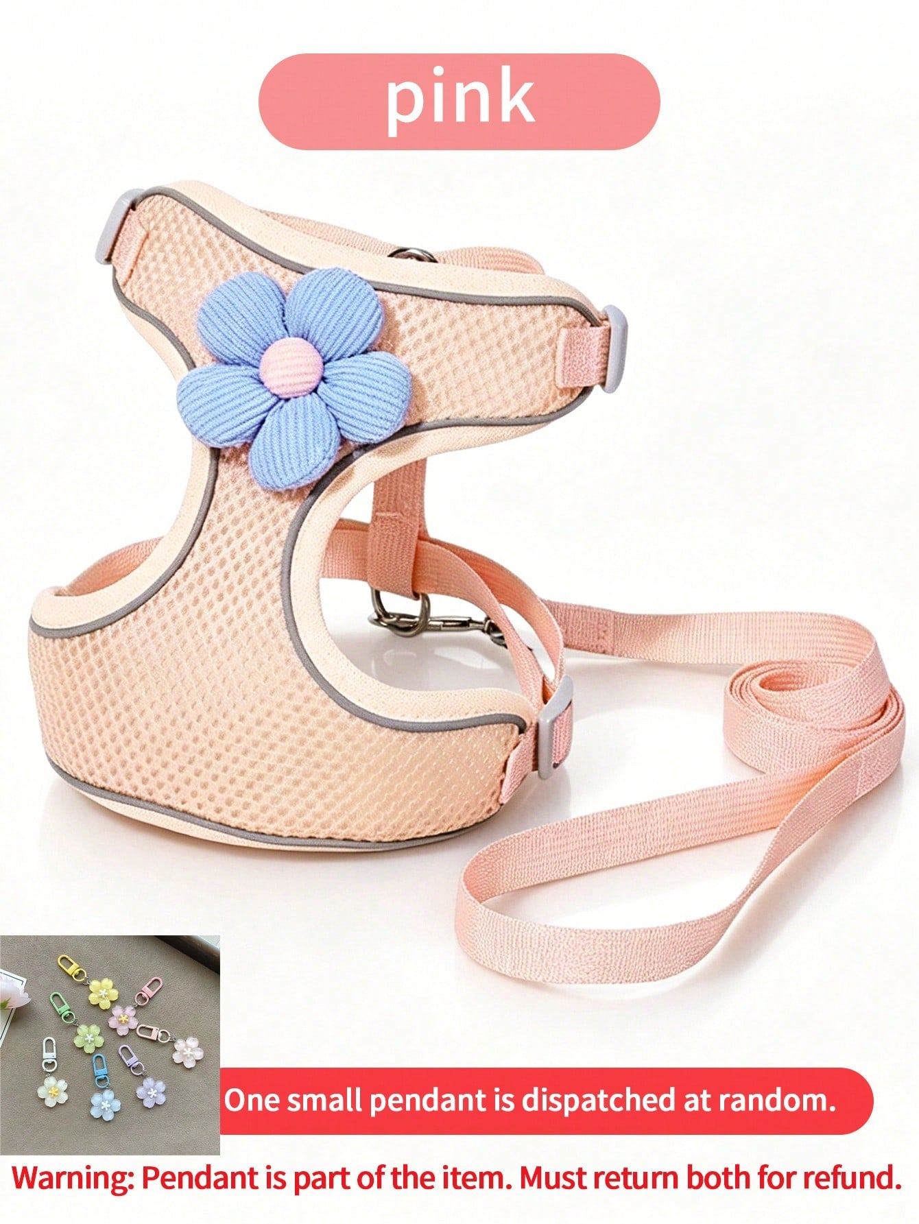 Cute floral pet harness and leash set with small pendant, breathable soft mesh vest, reflective details, and adjustable anti-escape fit for puppies, kittens, and small to medium dogs.