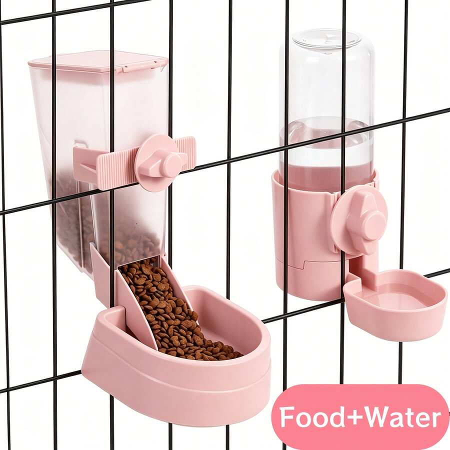 Easy-attach ABS plastic pet feeder and water dispenser set with 500ML+1L capacity for small animals like rabbits, cats, dogs, ferrets, and birds.