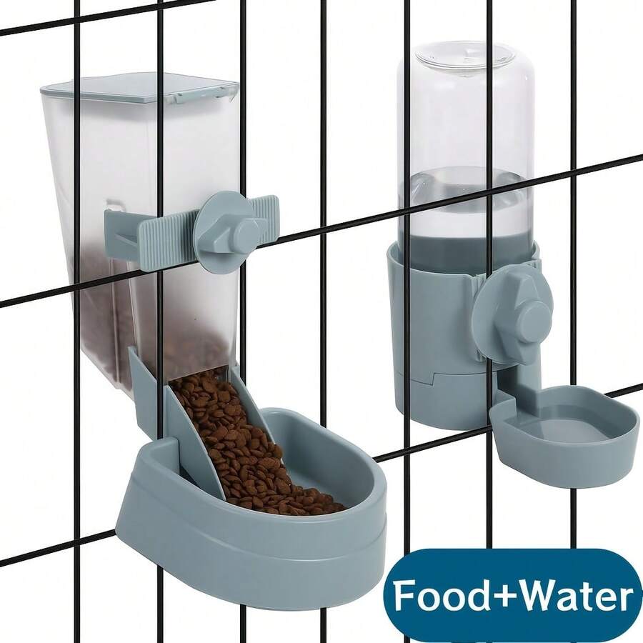 Easy-attach ABS plastic pet feeder and water dispenser set with 500ML+1L capacity for small animals like rabbits, cats, dogs, ferrets, and birds.