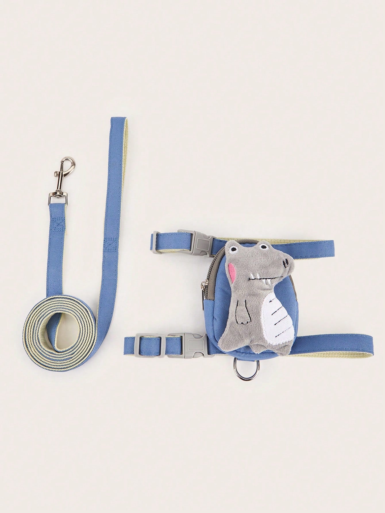 Multicolor cartoon 3D plush dinosaur pet harness and leash set with adjustable polyester harness, pouch, collar, leash, and keychain pendant for cats and dogs.