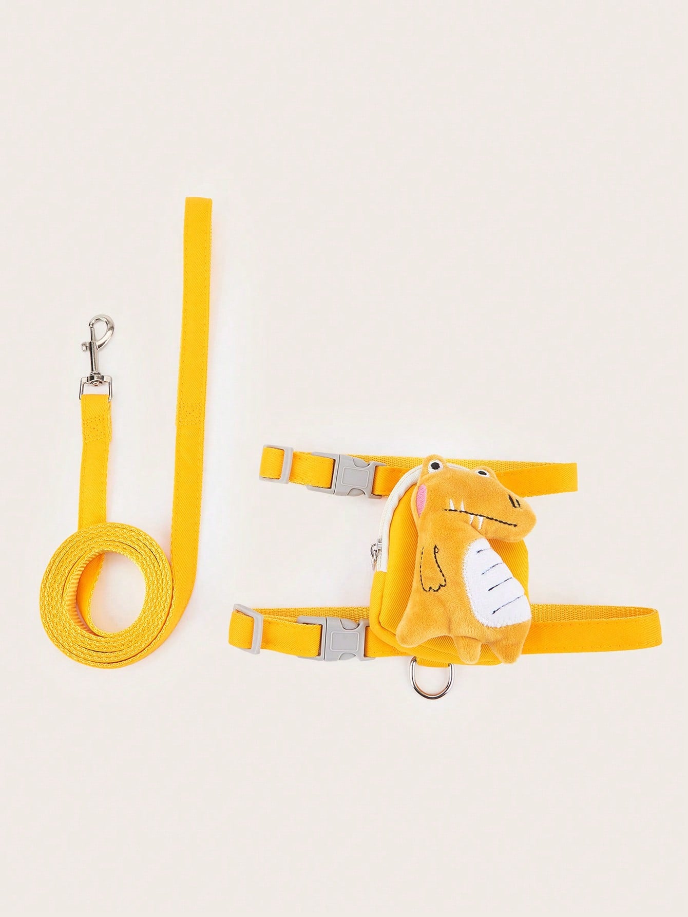 Multicolor cartoon 3D plush dinosaur pet harness and leash set with adjustable polyester harness, pouch, collar, leash, and keychain pendant for cats and dogs.