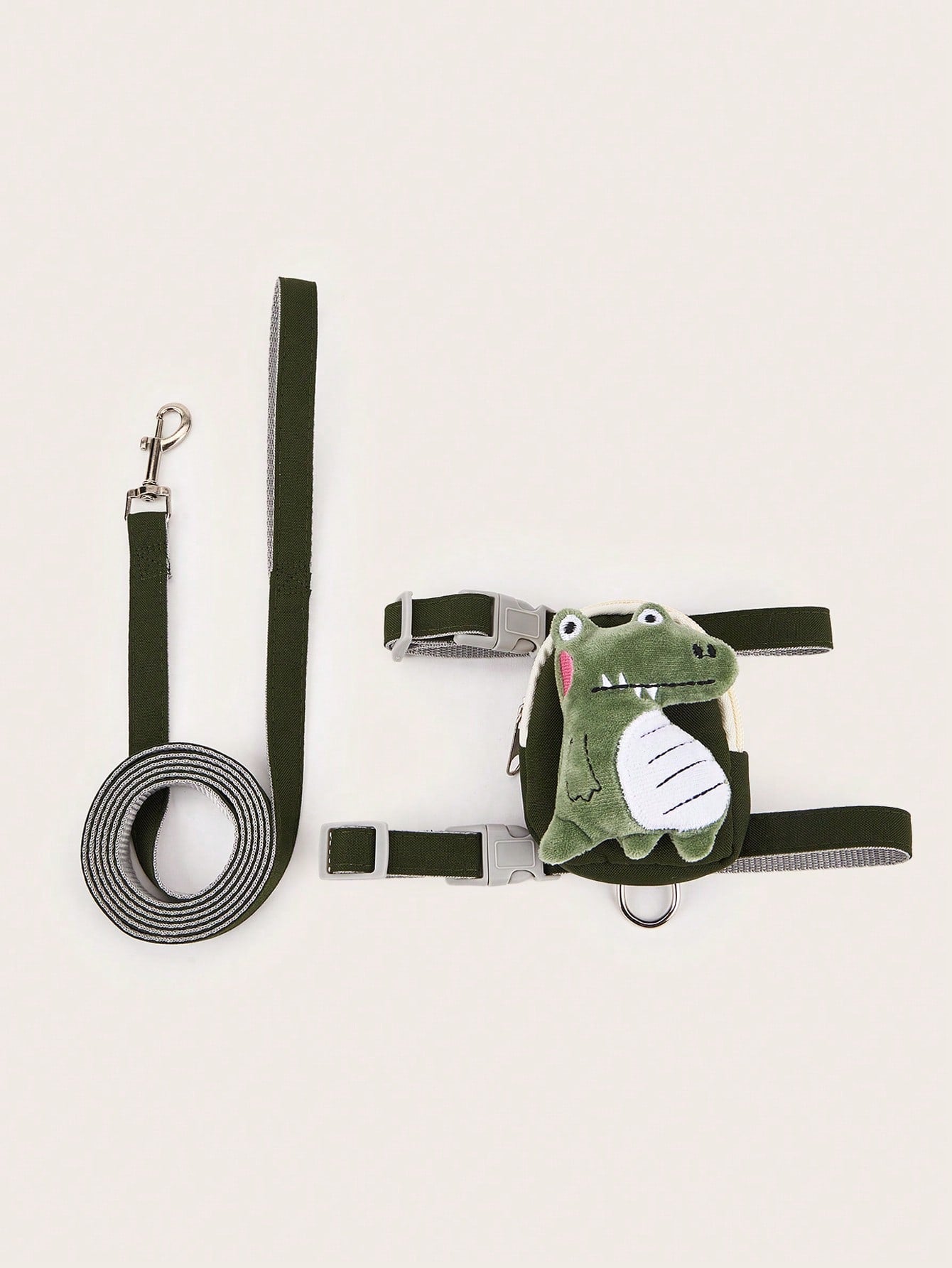 Multicolor cartoon 3D plush dinosaur pet harness and leash set with adjustable polyester harness, pouch, collar, leash, and keychain pendant for cats and dogs.