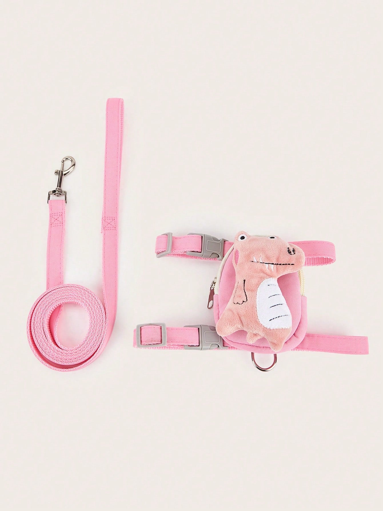 Multicolor cartoon 3D plush dinosaur pet harness and leash set with adjustable polyester harness, pouch, collar, leash, and keychain pendant for cats and dogs.