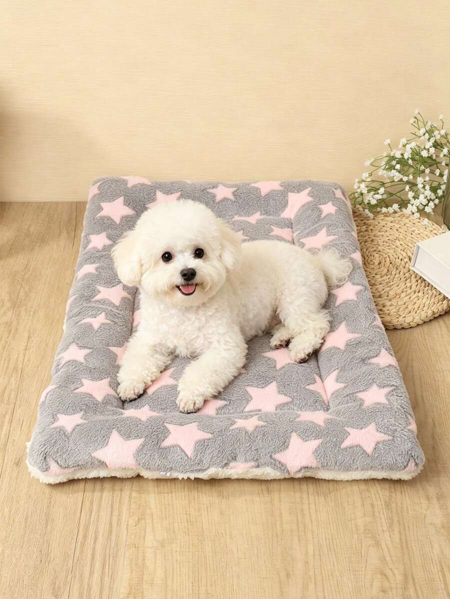 Thickened grey pet bed mat with pink star pattern designed for small and medium cats and dogs