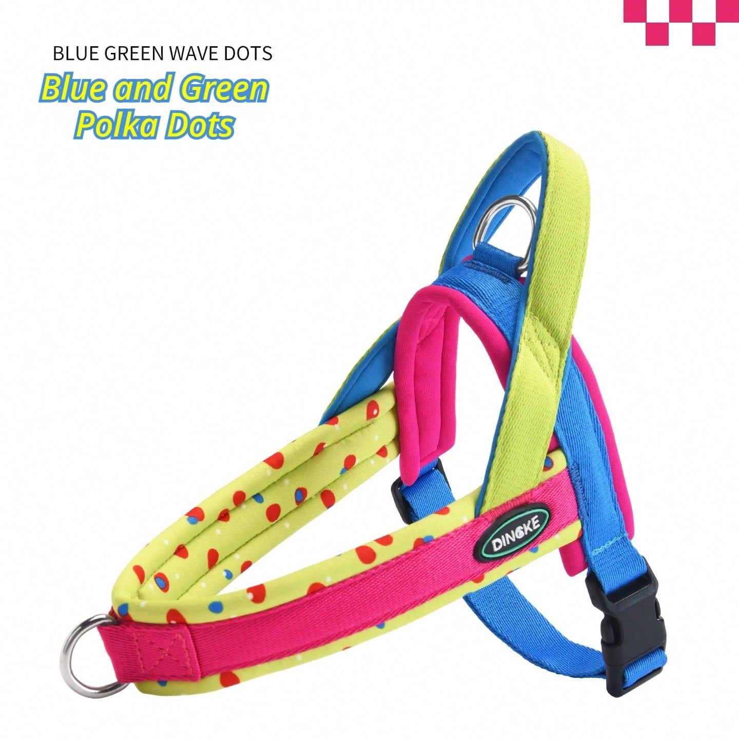Soft padded colorblock dog harness for small to medium dogs and active puppies, made from polyester for everyday walking.