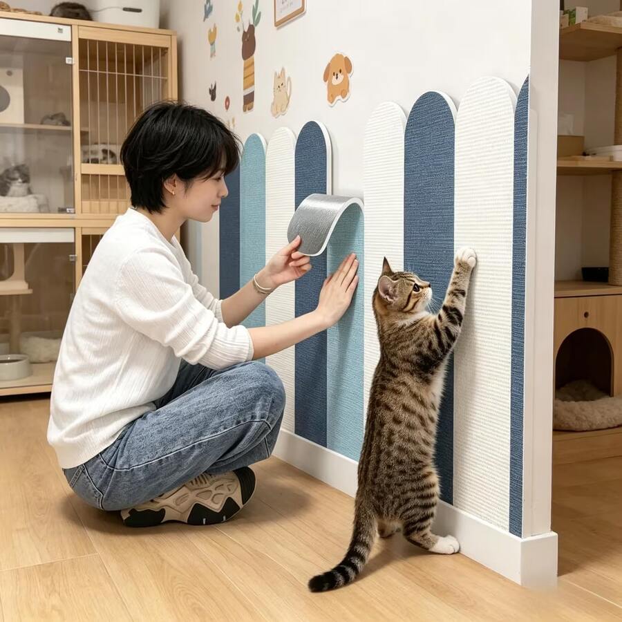 Self-adhesive plain polyester cat scratch guard pad designed for wall and sofa furniture protection against cat scratching.