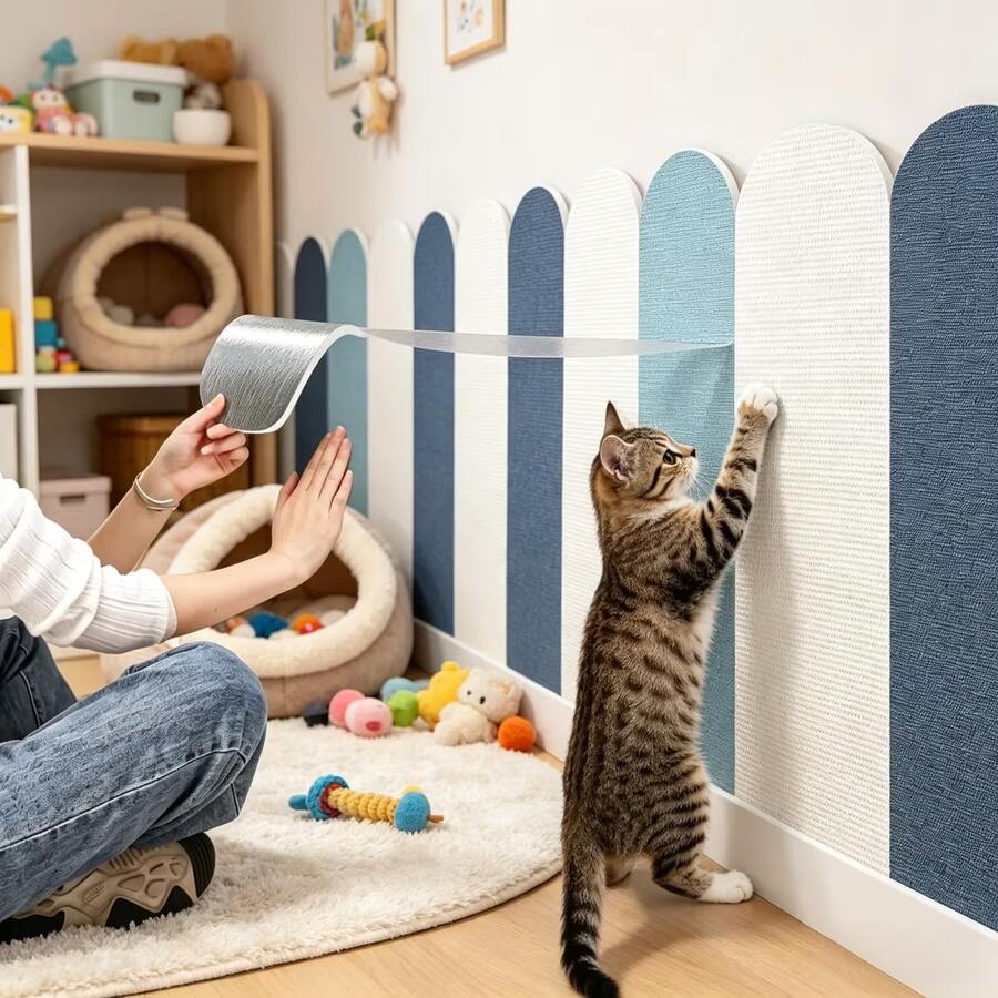Self-adhesive plain polyester cat scratch guard pad designed for wall and sofa furniture protection against cat scratching.
