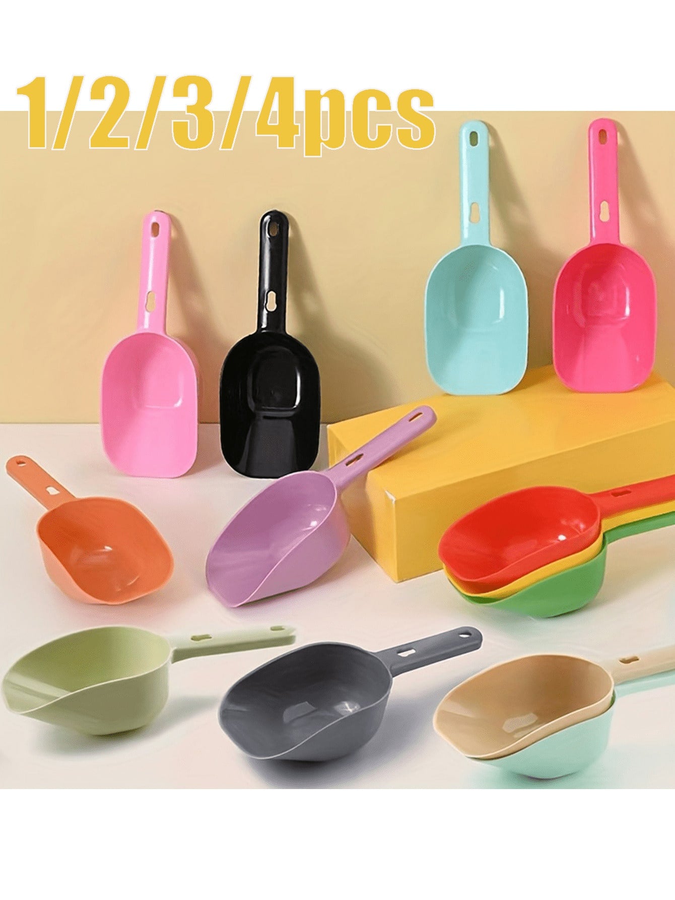 Multicolor plastic pet food scoop with an ergonomic handle for measuring dog and cat food