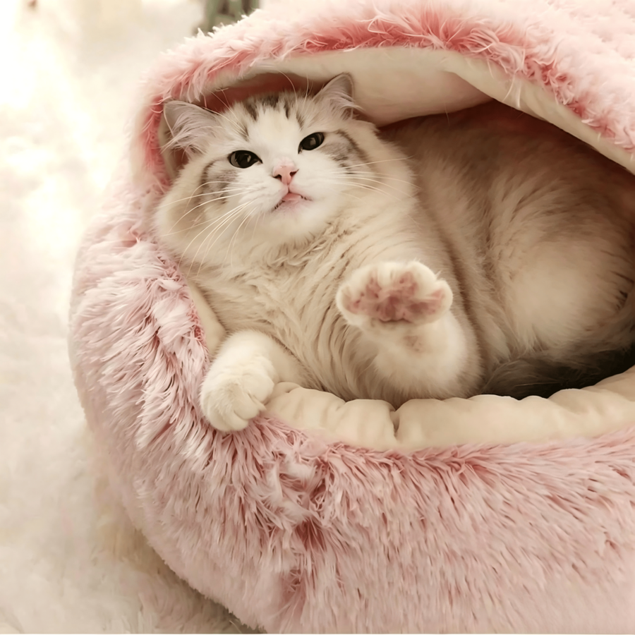 Grey plaid pet cave bed with a warm polyester cover and polypropylene fiber filling designed for indoor cats, puppies, and rabbits.
