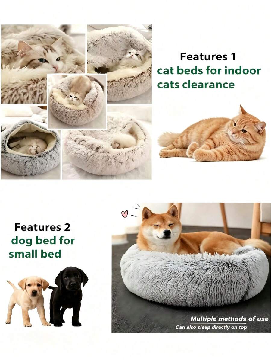 Grey plaid pet cave bed with a warm polyester cover and polypropylene fiber filling designed for indoor cats, puppies, and rabbits.