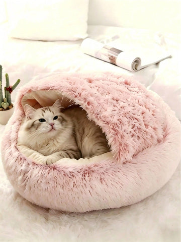 Grey plaid pet cave bed with a warm polyester cover and polypropylene fiber filling designed for indoor cats, puppies, and rabbits.