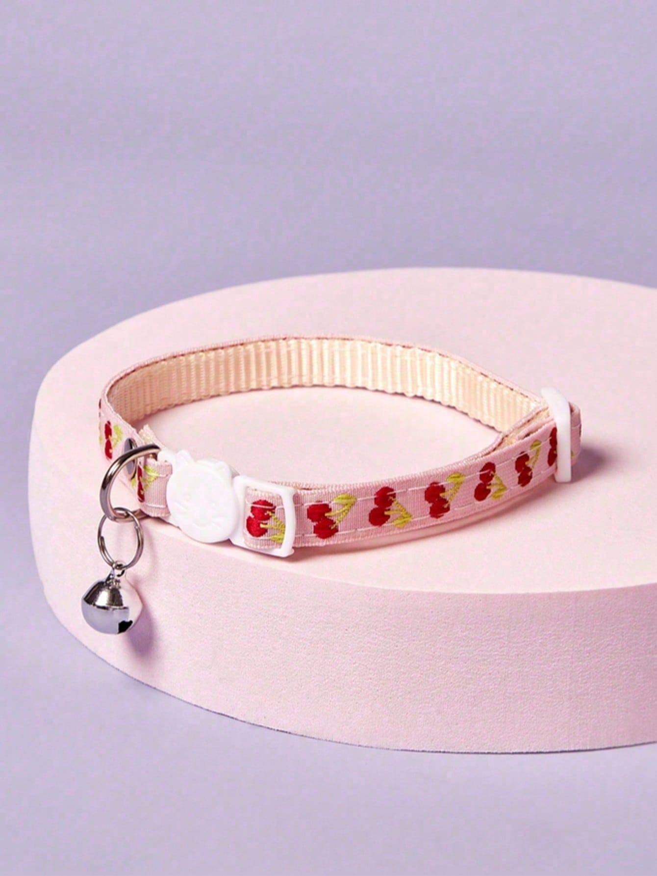 Multicolor adjustable polyester pet collar with buckle, bell, and embroidered apple or cherry fruit pattern for cats and small dogs