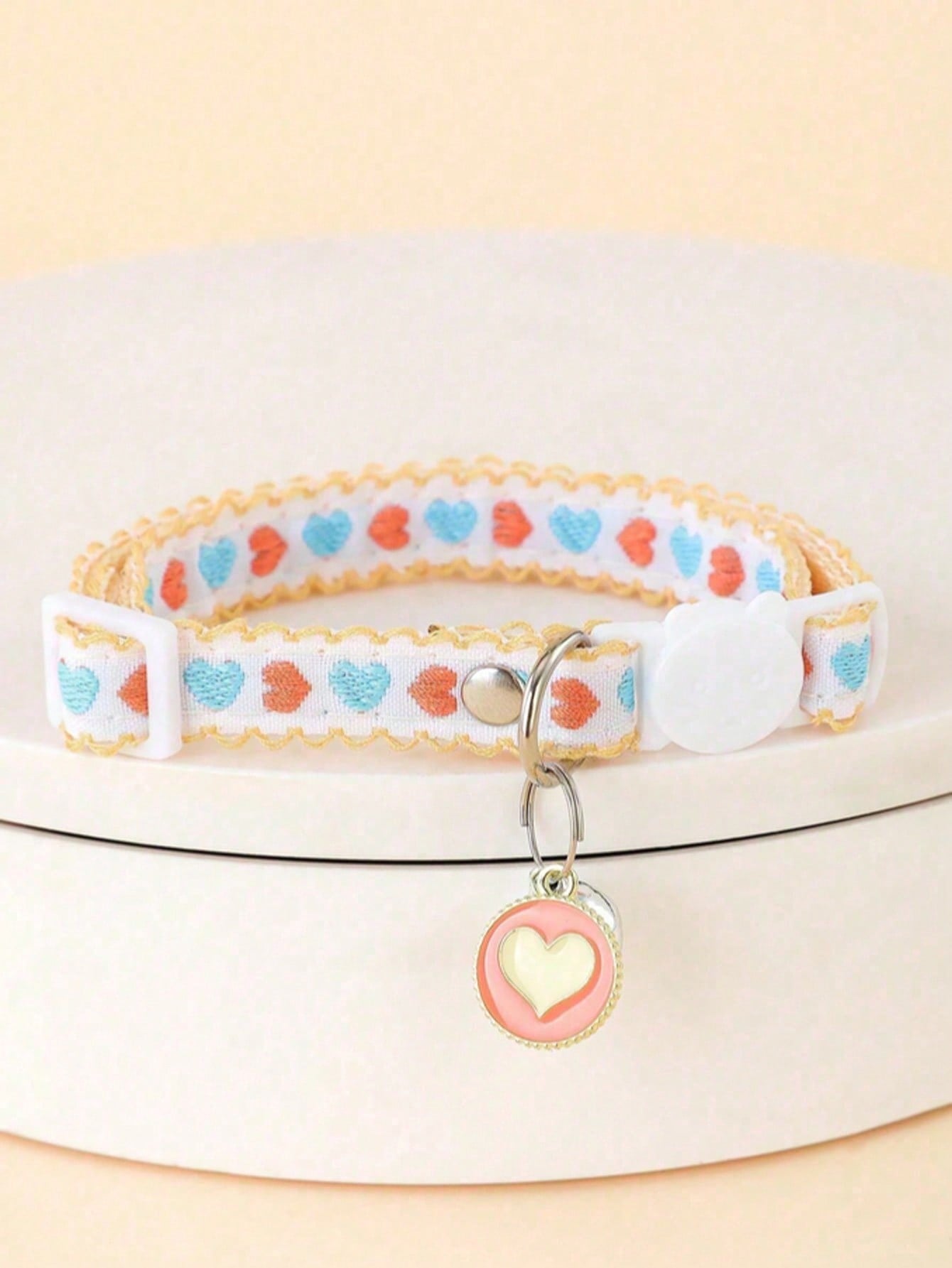 Multicolor adjustable polyester pet collar with buckle, bell, and embroidered apple or cherry fruit pattern for cats and small dogs