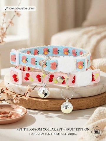 Multicolor adjustable polyester pet collar with buckle, bell, and embroidered apple or cherry fruit pattern for cats and small dogs