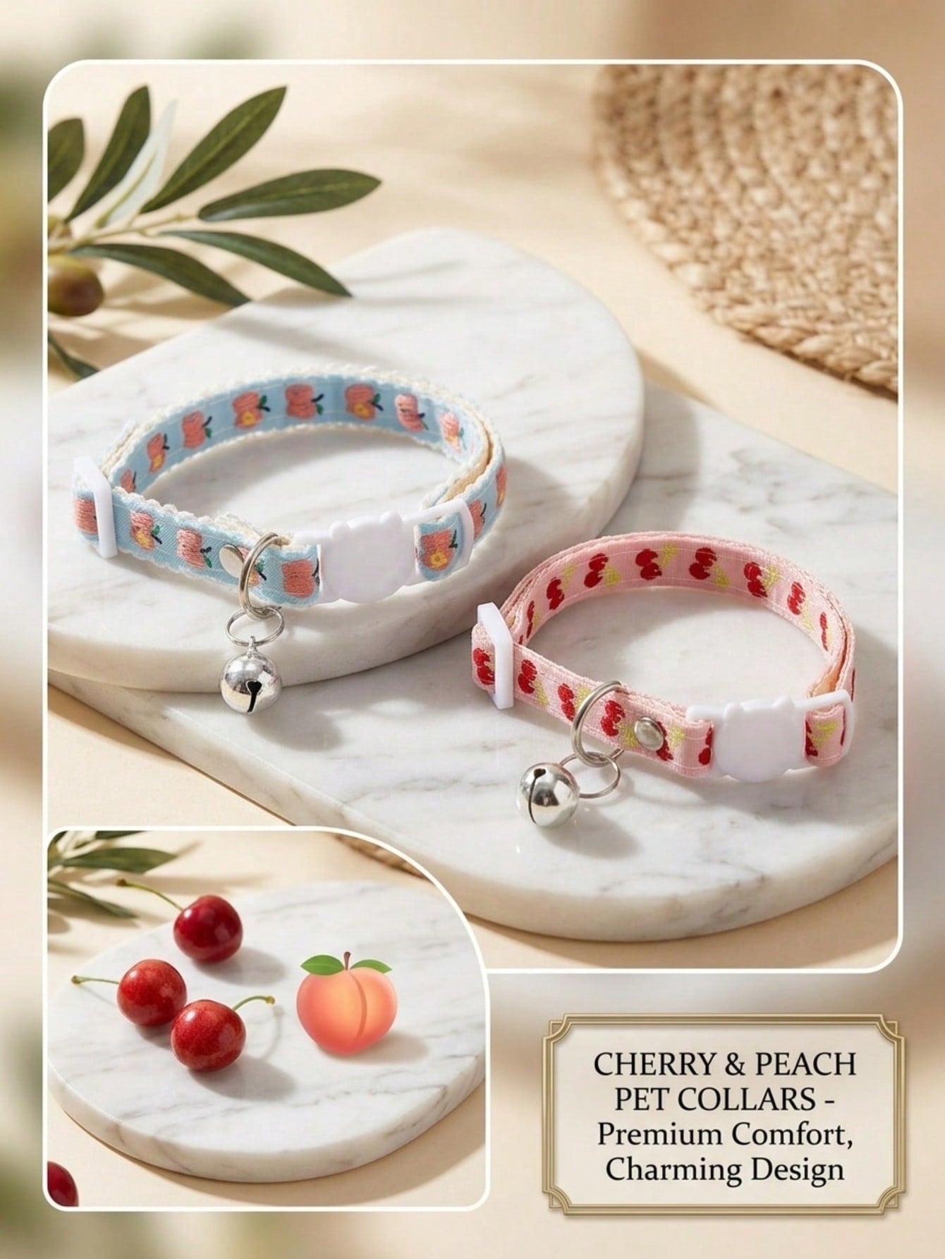 Multicolor adjustable polyester pet collar with buckle, bell, and embroidered apple or cherry fruit pattern for cats and small dogs