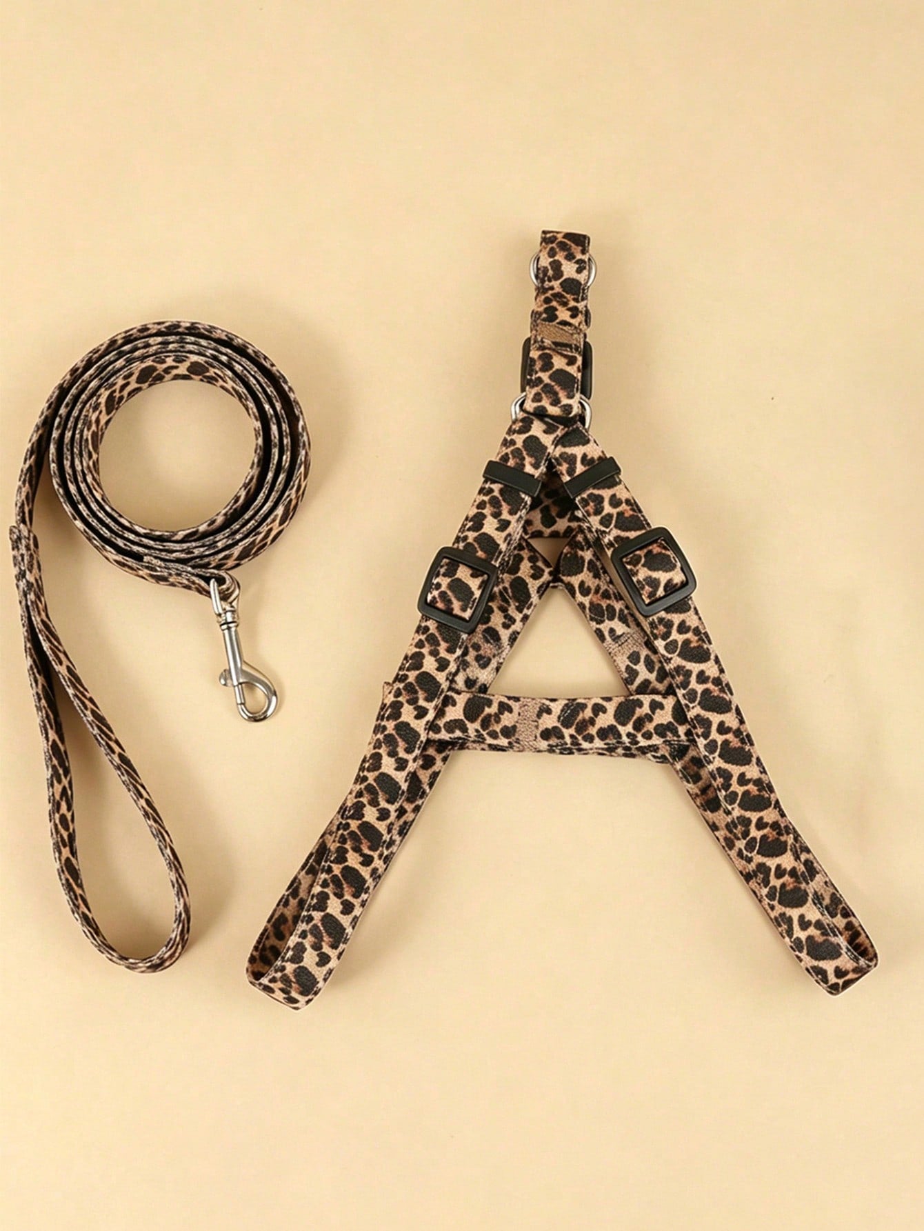 Brown leopard print polyester dog harness and leash set with anti-choke design for small cats and dogs during outdoor walks