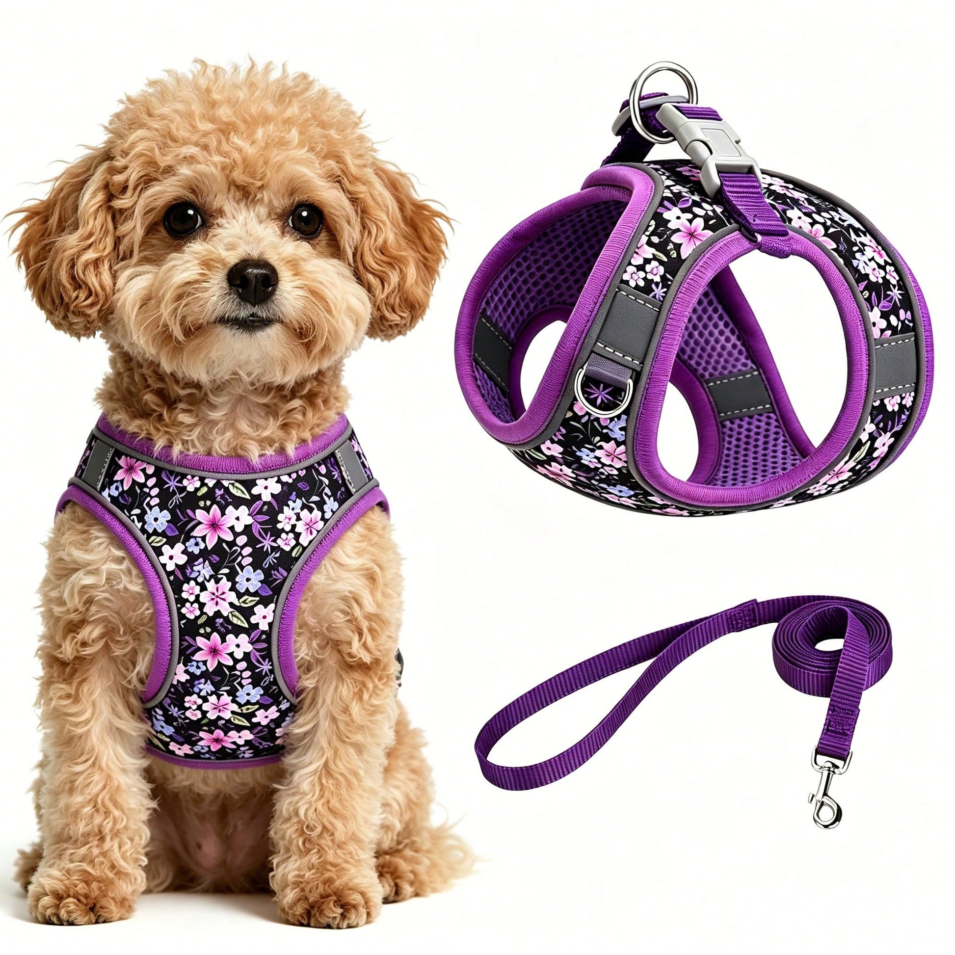 Multicolor floral step-in dog harness and leash set with adjustable soft mesh padded polyester vest for cats and dogs