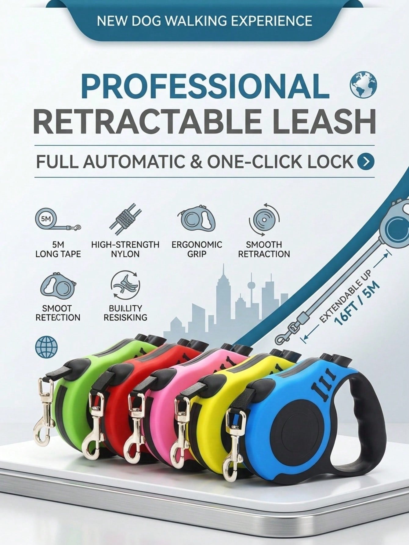 Multicolor bone-shaped retractable pet leash made from ABS for cats and dogs