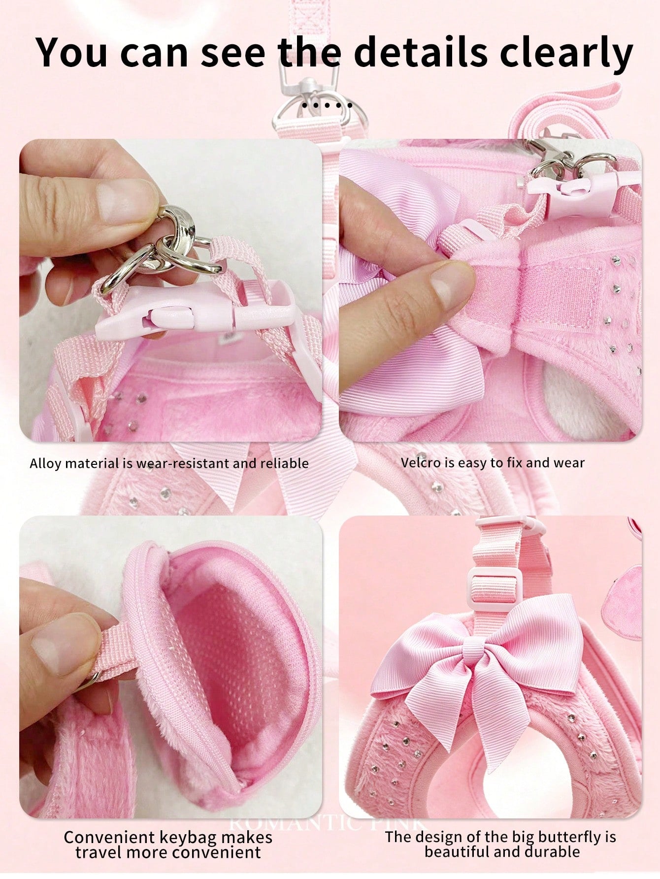 Pink adjustable polyester pet harness set for small dogs and cats with a plain design for walking and travel