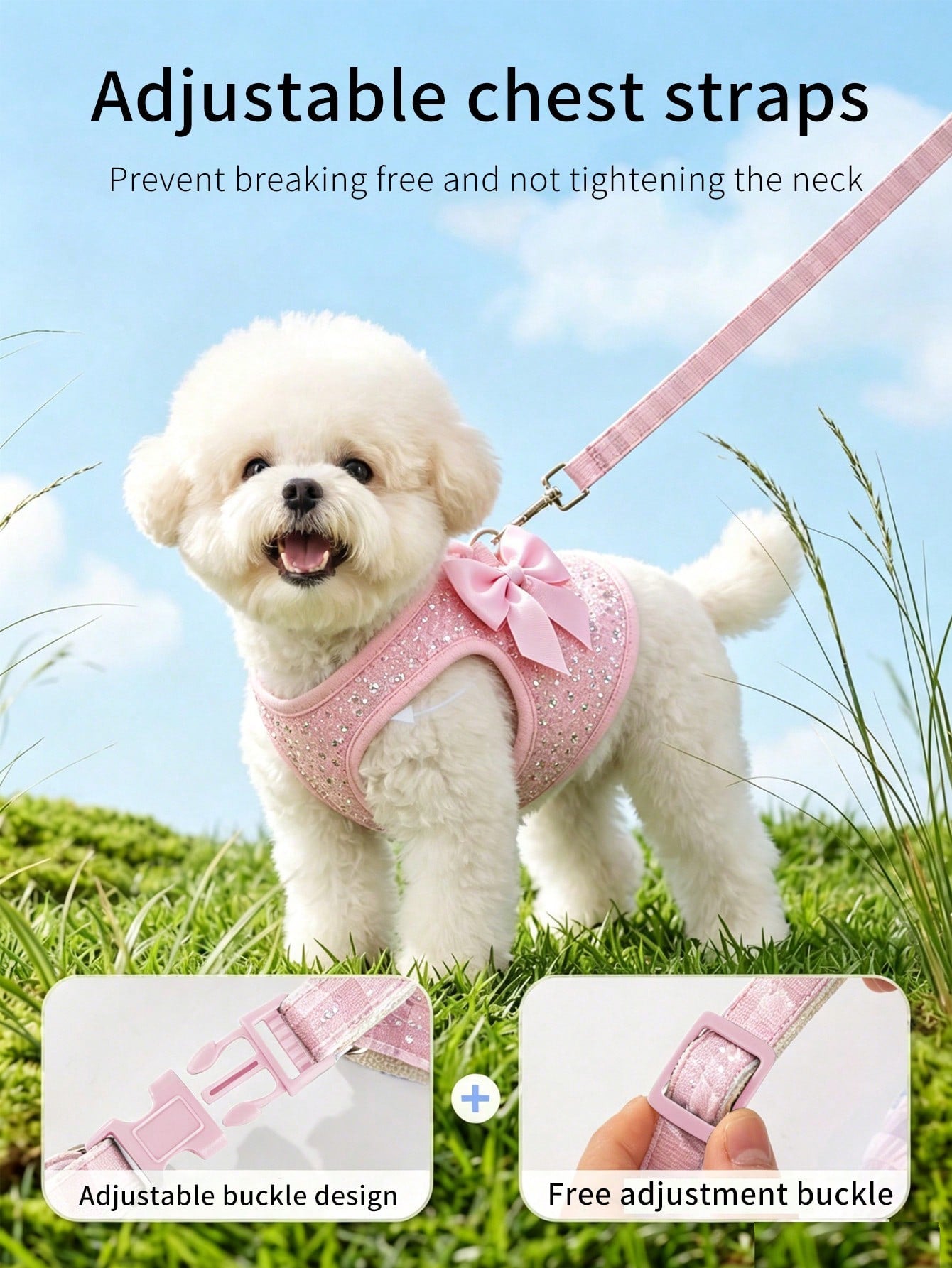 Pink adjustable polyester pet harness set for small dogs and cats with a plain design for walking and travel