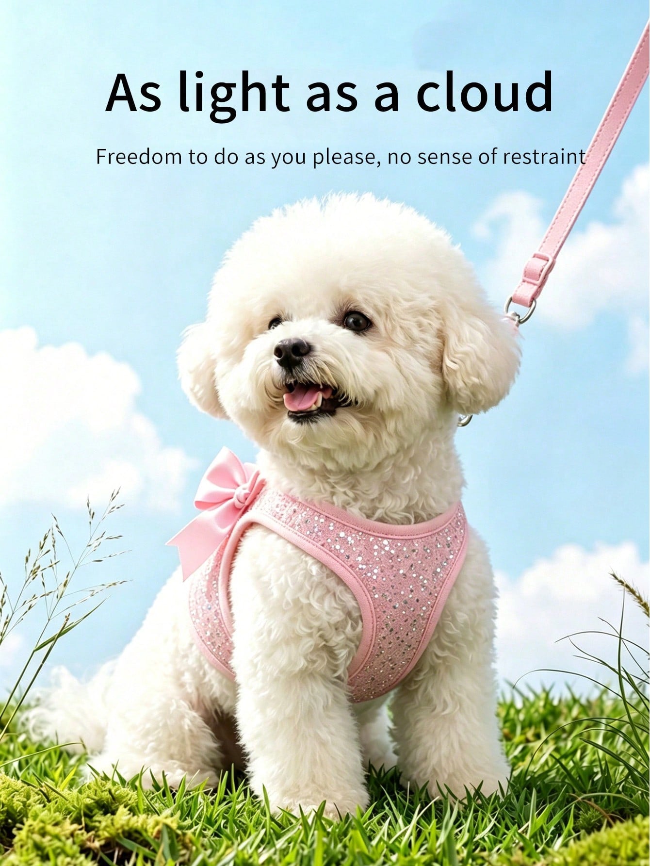 Pink adjustable polyester pet harness set for small dogs and cats with a plain design for walking and travel