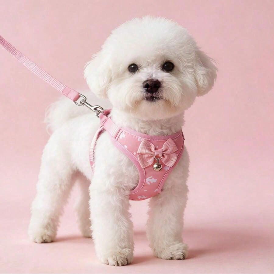Pink adjustable polyester pet harness set for small dogs and cats with a plain design for walking and travel