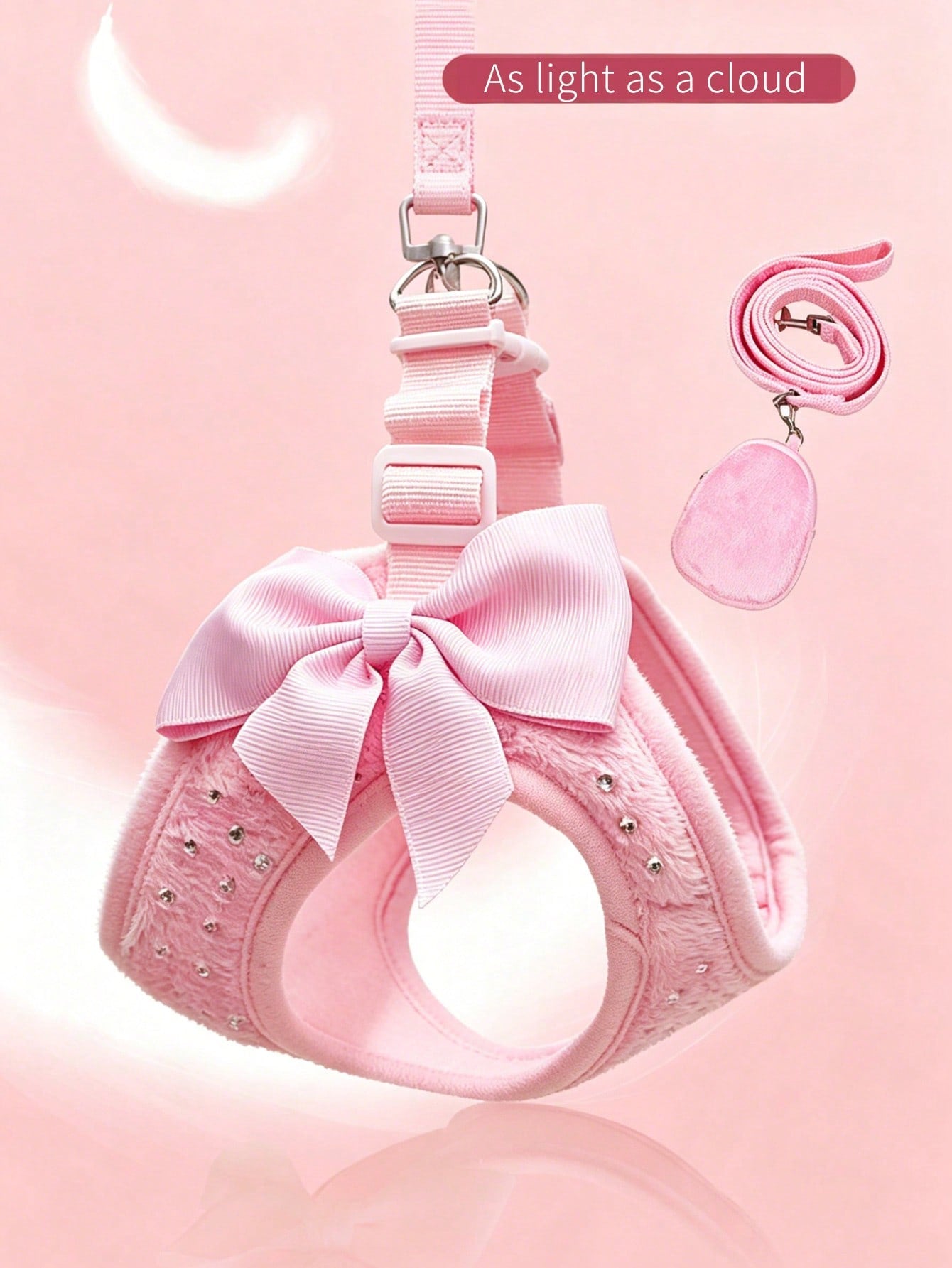 Pink adjustable polyester pet harness set for small dogs and cats with a plain design for walking and travel