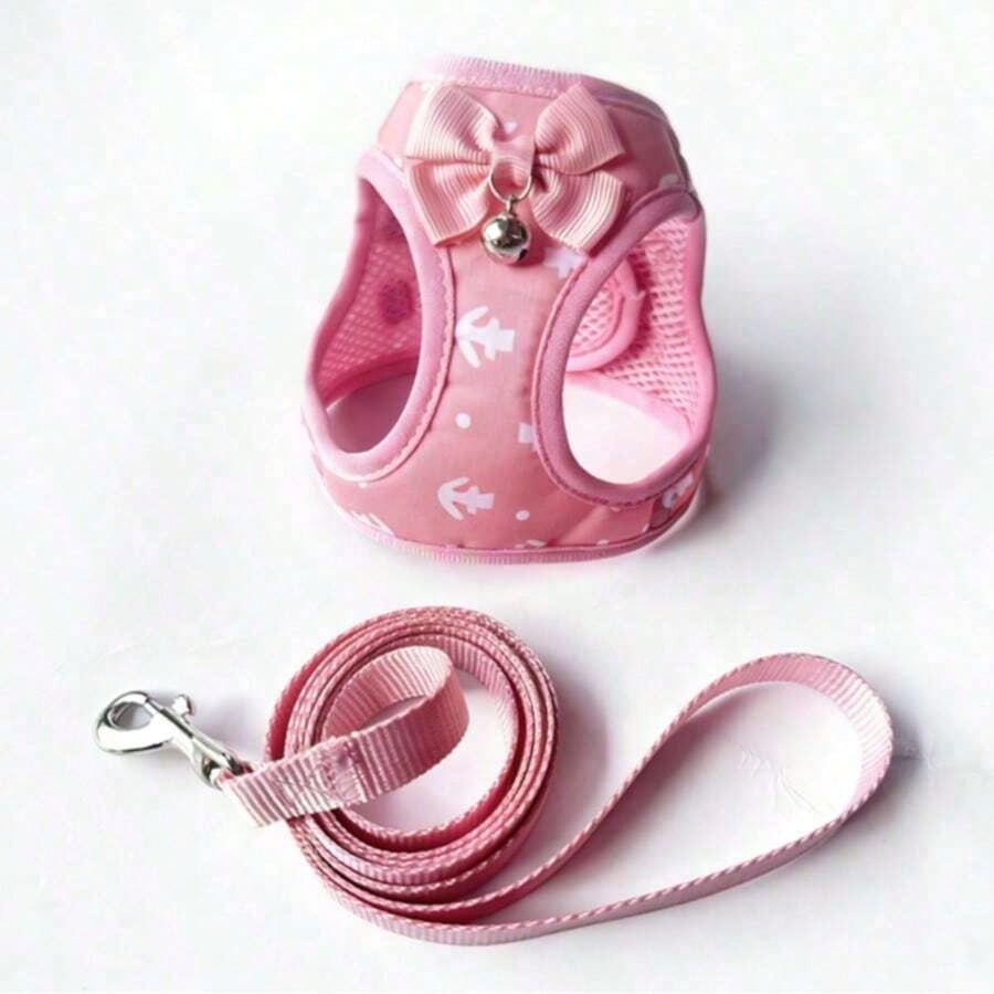 Pink adjustable polyester pet harness set for small dogs and cats with a plain design for walking and travel