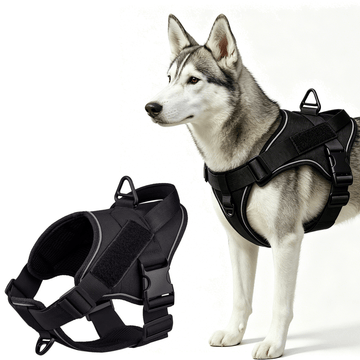 Tactical dog harness vest with reinforced control handle and breathable mesh design for medium to large dogs during walking, training, and hiking