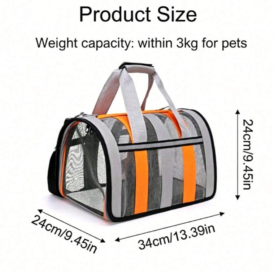 Orange foldable breathable mesh pet carrier backpack with geometric pattern for small animal travel