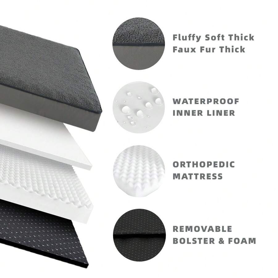 Dark grey memory foam pet bed with removable washable faux fur cover and non-slip bottom for dogs and cats