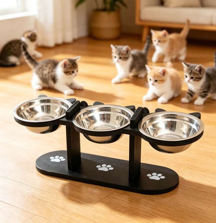 BanBers 15-degree inclined elevated cat bowl feeder featuring three removable stainless steel bowls, an adjustable stand, and a sturdy wooden base for cats and small dogs.