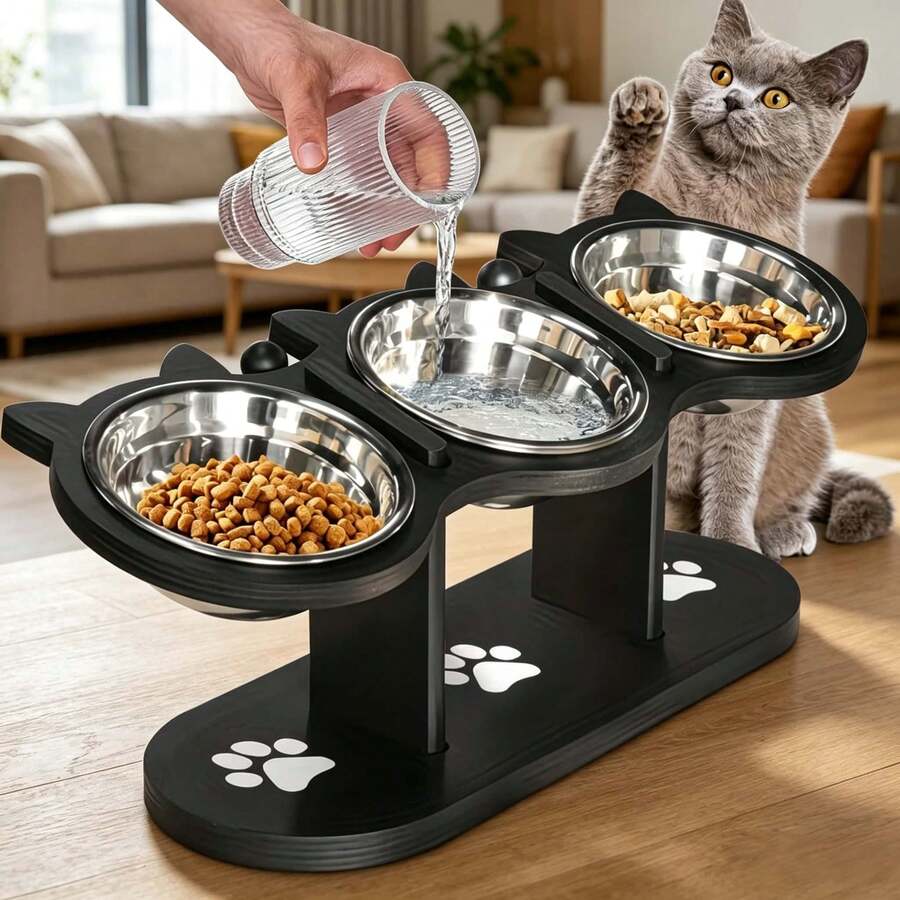 BanBers 15-degree inclined elevated cat bowl feeder featuring three removable stainless steel bowls, an adjustable stand, and a sturdy wooden base for cats and small dogs.