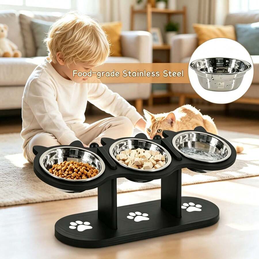 BanBers 15-degree inclined elevated cat bowl feeder featuring three removable stainless steel bowls, an adjustable stand, and a sturdy wooden base for cats and small dogs.