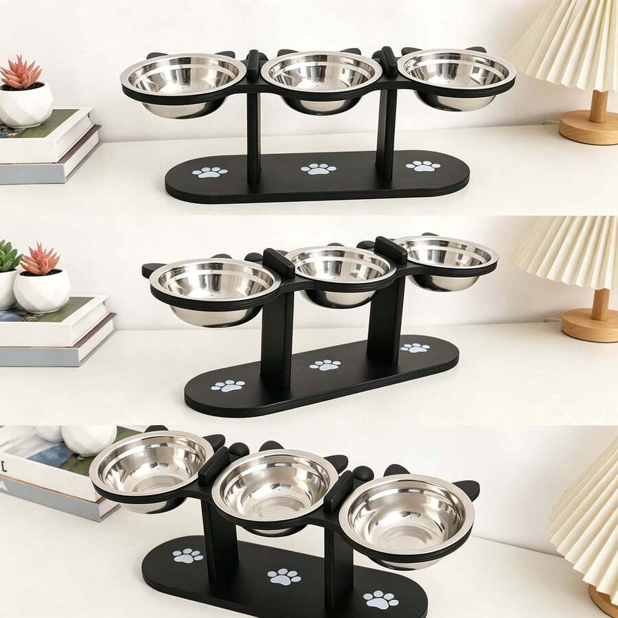 BanBers 15-degree inclined elevated cat bowl feeder featuring three removable stainless steel bowls, an adjustable stand, and a sturdy wooden base for cats and small dogs.