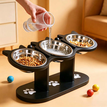 BanBers 15-degree inclined elevated cat bowl feeder featuring three removable stainless steel bowls, an adjustable stand, and a sturdy wooden base for cats and small dogs.