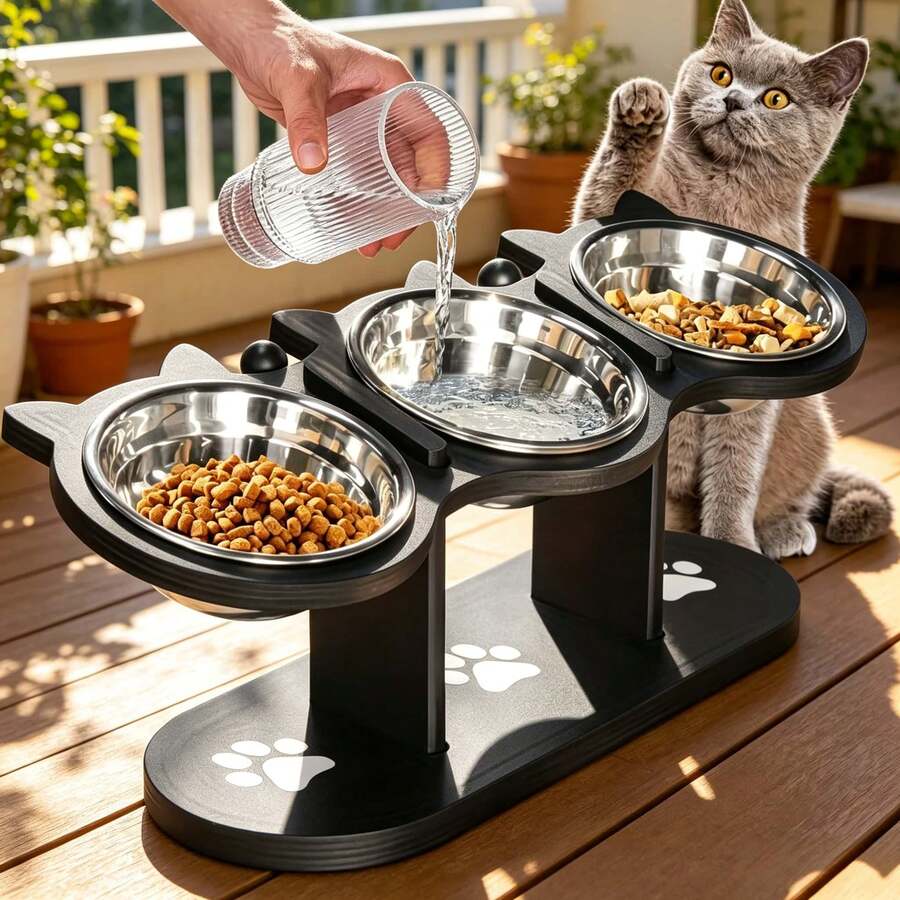 BanBers 15-degree inclined elevated cat bowl feeder featuring three removable stainless steel bowls, an adjustable stand, and a sturdy wooden base for cats and small dogs.