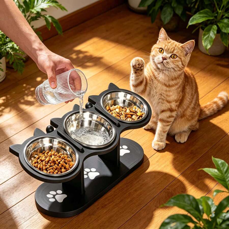 BanBers 15-degree inclined elevated cat bowl feeder featuring three removable stainless steel bowls, an adjustable stand, and a sturdy wooden base for cats and small dogs.