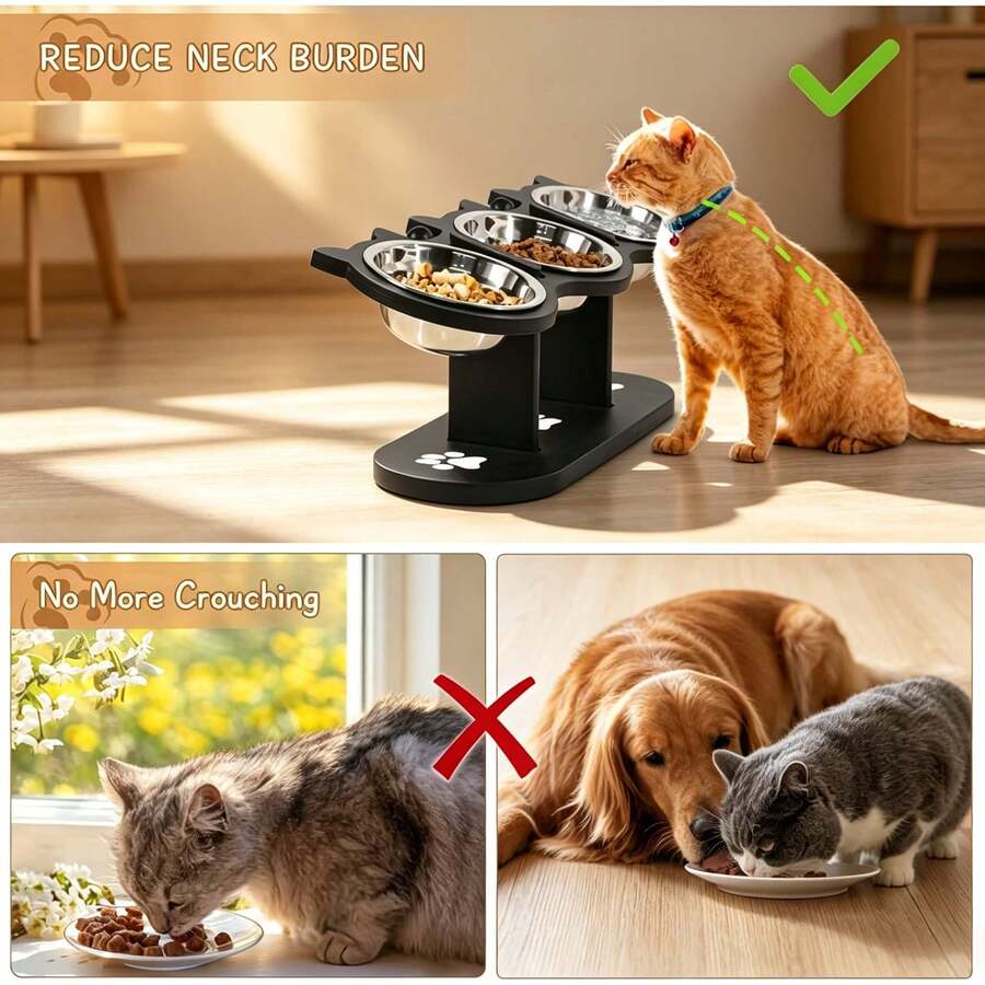 BanBers 15-degree inclined elevated cat bowl feeder featuring three removable stainless steel bowls, an adjustable stand, and a sturdy wooden base for cats and small dogs.