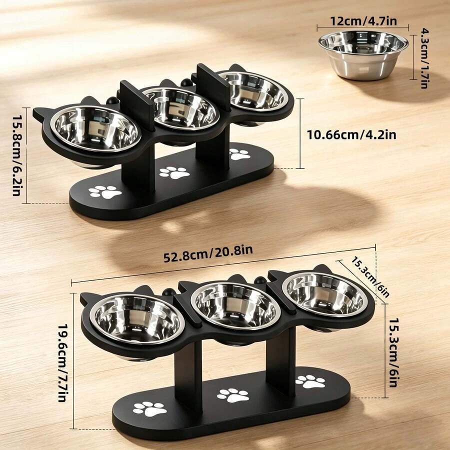 BanBers 15-degree inclined elevated cat bowl feeder featuring three removable stainless steel bowls, an adjustable stand, and a sturdy wooden base for cats and small dogs.