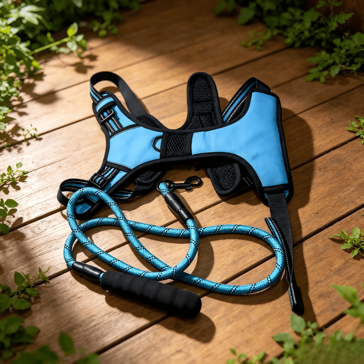 Reflective anti-pull dog harness and leash set with quick release buckle and comfortable thick handle for walking and training cats or dogs