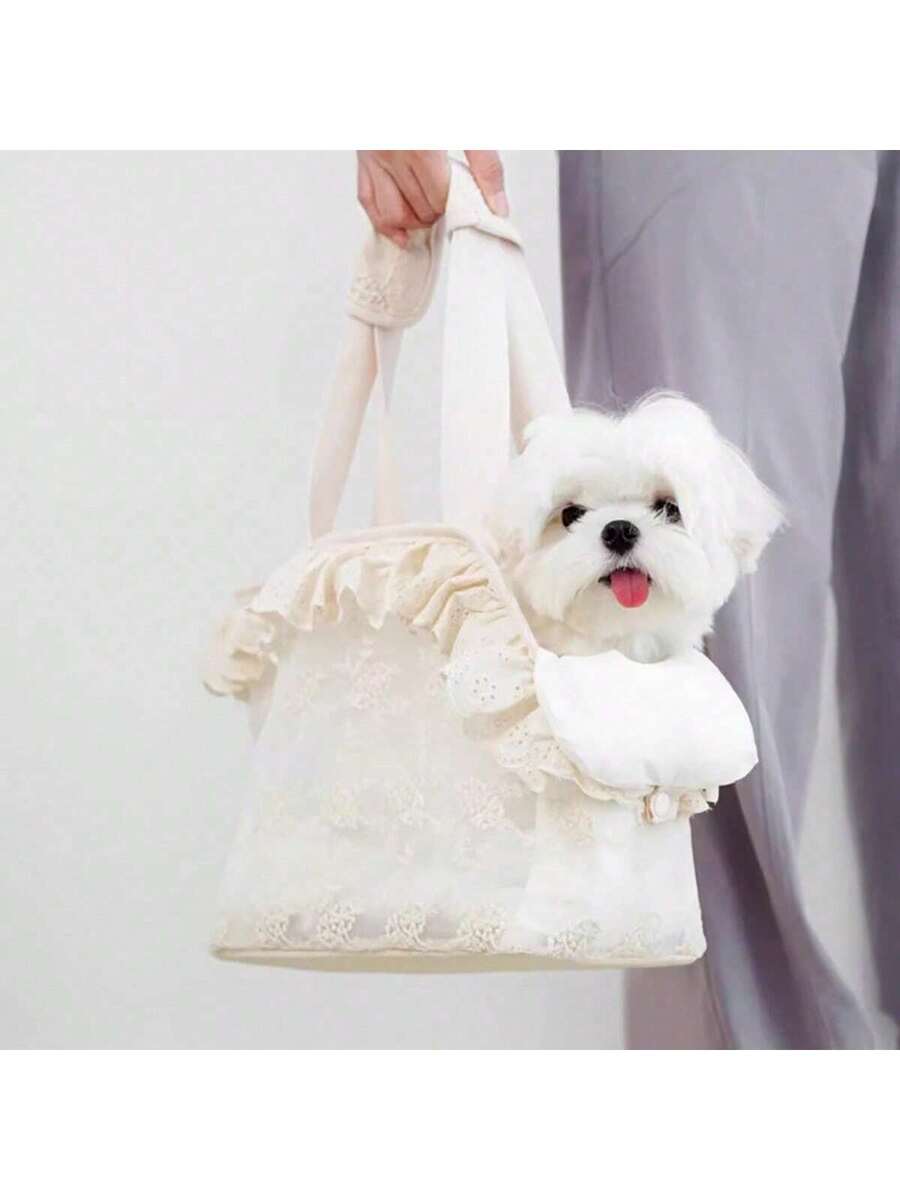 Beige soft-sided pet carrier tote bag featuring lace design and shoulder straps for small dogs and cats.