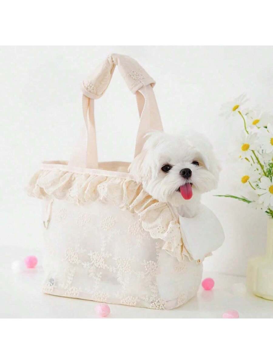 Beige soft-sided pet carrier tote bag featuring lace design and shoulder straps for small dogs and cats.