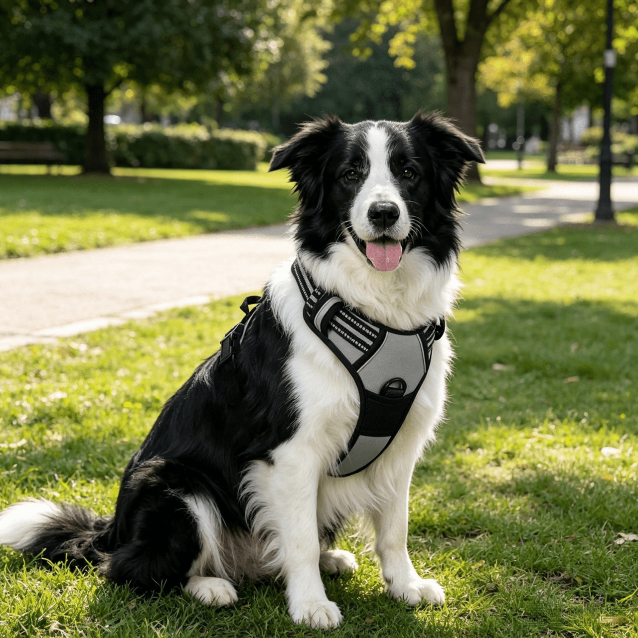Reflective anti-pull dog harness and leash set with quick release buckle and comfortable thick handle for walking and training cats or dogs